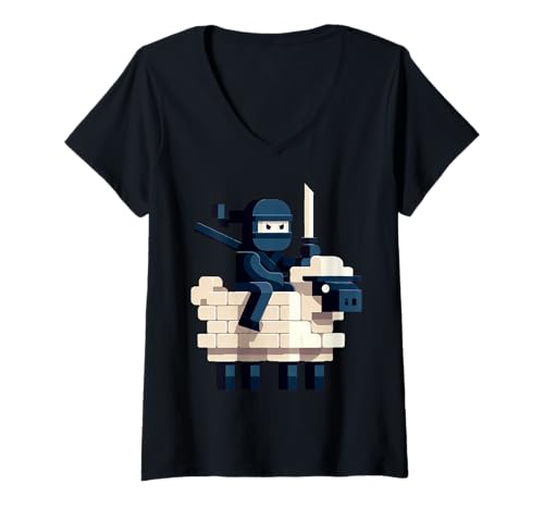 Damen Ninja Reitendes Schaf Block Style Charakter Pixel Art Boy Gamer T-Shirt mit V-Ausschnitt von Pixelated Gamer Pixel Art Graphic Gaming Gifts