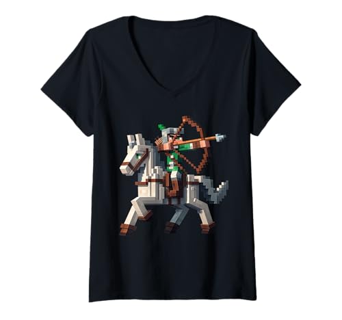 Damen Archer Reitpferd Block-Stil Grafik für Pixel Art Gamer T-Shirt mit V-Ausschnitt Damen Archer Reitpferd Block-Stil Grafik für Pixel Art Gamer T-Shirt mit V-Ausschnitt von Pixelated Gaming Archer Riding Animal Graphic