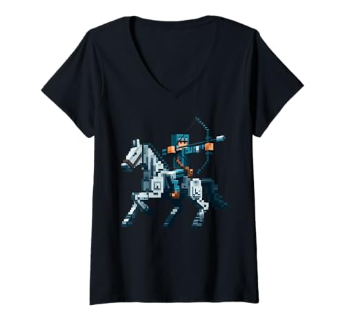 Damen Archer Reitpferd Block-Stil Grafik für Pixel Art Gamer T-Shirt mit V-Ausschnitt Damen Archer Reitpferd Block-Stil Grafik für Pixel Art Gamer T-Shirt mit V-Ausschnitt von Pixelated Gaming Archer Riding Animal Graphic
