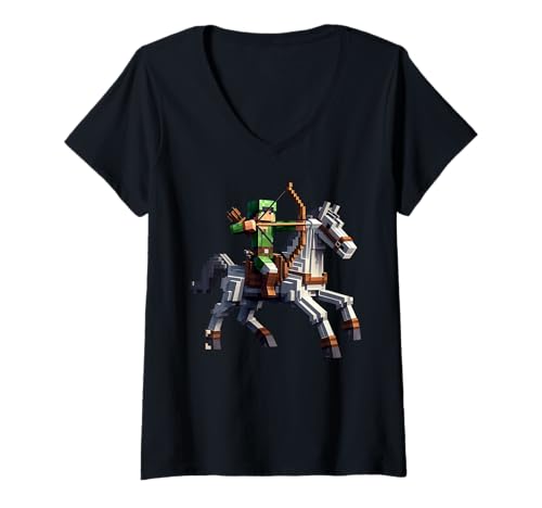 Damen Archer Reitpferd Block-Stil Grafik für Pixel Art Gamer T-Shirt mit V-Ausschnitt Damen Archer Reitpferd Block-Stil Grafik für Pixel Art Gamer T-Shirt mit V-Ausschnitt von Pixelated Gaming Archer Riding Animal Graphic