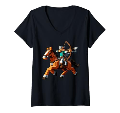 Damen Archer Reitpferd Block-Stil Grafik für Pixel Art Gamer T-Shirt mit V-Ausschnitt Damen Archer Reitpferd Block-Stil Grafik für Pixel Art Gamer T-Shirt mit V-Ausschnitt von Pixelated Gaming Archer Riding Animal Graphic