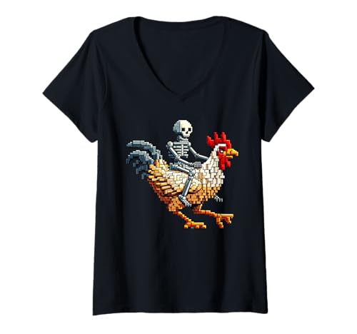 Damen Skelett Reiten Huhn Block Stil Pixel Art Gaming Gamer T-Shirt mit V-Ausschnitt von Pixelated Gaming Art Character Riding Chicken Art