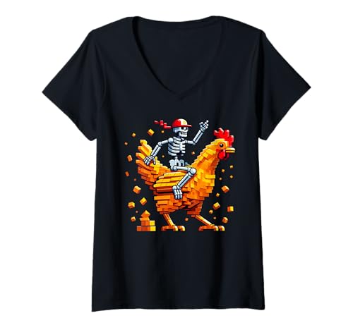 Damen Skelett Reiten Huhn Block Stil Pixel Art Gaming Gamer T-Shirt mit V-Ausschnitt von Pixelated Gaming Art Character Riding Chicken Art
