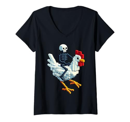 Damen Skelett Reiten Huhn Block Stil Pixel Art Gaming Gamer T-Shirt mit V-Ausschnitt von Pixelated Gaming Art Character Riding Chicken Art