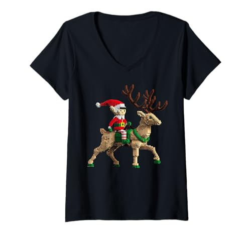 Damen Elf reitendes Rentier Design Block Stil Charakter Pixel Art T-Shirt mit V-Ausschnitt von Pixelated Gaming Art Pixel Gamer Elf Reindeer Tee