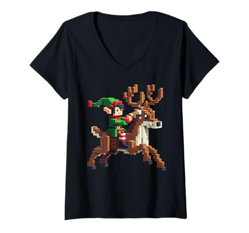Damen Elf reitendes Rentier Design Block Stil Charakter Pixel Art T-Shirt mit V-Ausschnitt Damen Elf reitendes Rentier Design Block Stil Charakter Pixel Art T-Shirt mit V-Ausschnitt von Pixelated Gaming Art Pixel Gamer Elf Reindeer Tee
