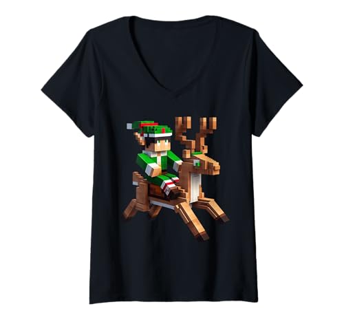 Damen Elf reitendes Rentier Design Block Stil Charakter Pixel Art T-Shirt mit V-Ausschnitt Damen Elf reitendes Rentier Design Block Stil Charakter Pixel Art T-Shirt mit V-Ausschnitt von Pixelated Gaming Art Pixel Gamer Elf Reindeer Tee