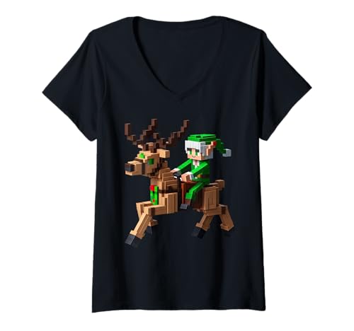 Damen Elf reitendes Rentier Design Block Stil Charakter Pixel Art T-Shirt mit V-Ausschnitt von Pixelated Gaming Art Pixel Gamer Elf Reindeer Tee