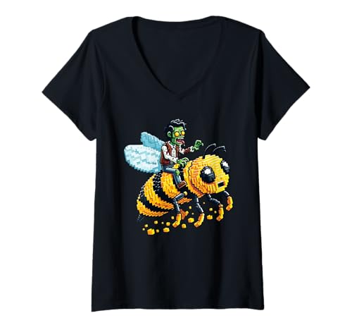 Damen Zombie Riding Bee Pixel Art Block Style Gaming Videospiele T-Shirt mit V-Ausschnitt Damen Zombie Riding Bee Pixel Art Block Style Gaming Videospiele T-Shirt mit V-Ausschnitt von Pixelated Gaming Art Zombie Character Riding Bee