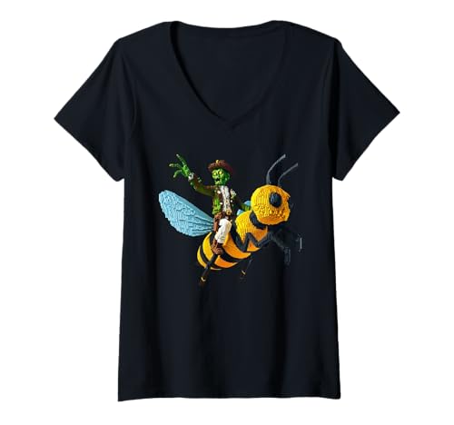 Damen Zombie Riding Bee Pixel Art Block Style Gaming Videospiele T-Shirt mit V-Ausschnitt Damen Zombie Riding Bee Pixel Art Block Style Gaming Videospiele T-Shirt mit V-Ausschnitt von Pixelated Gaming Art Zombie Character Riding Bee
