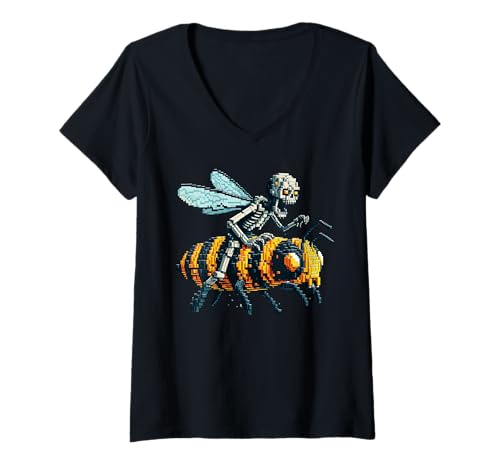 Damen Zombie Riding Bee Pixel Art Block Style Gaming Videospiele T-Shirt mit V-Ausschnitt von Pixelated Gaming Art Zombie Character Riding Bee