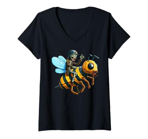 Damen Zombie Riding Bee Pixel Art Block Style Gaming Videospiele T-Shirt mit V-Ausschnitt Damen Zombie Riding Bee Pixel Art Block Style Gaming Videospiele T-Shirt mit V-Ausschnitt von Pixelated Gaming Art Zombie Character Riding Bee