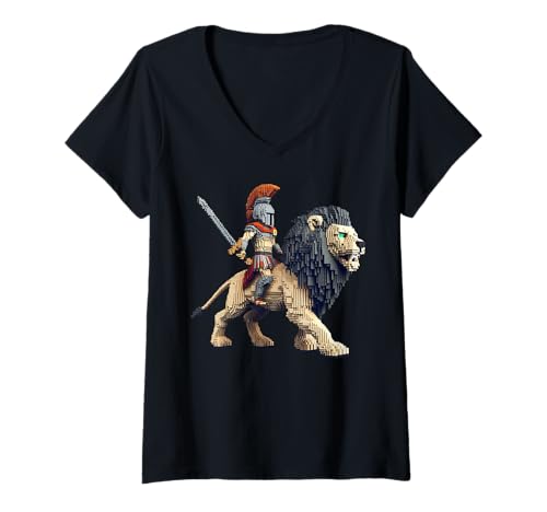 Damen Gladiator reitender Löwe Pixel Art Design Blocky Videospiel T-Shirt mit V-Ausschnitt Damen Gladiator reitender Löwe Pixel Art Design Blocky Videospiel T-Shirt mit V-Ausschnitt von Pixelated Gaming Character Riding Gamer Video Game