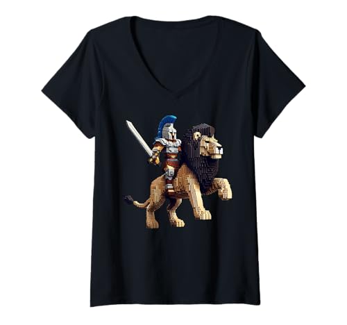 Damen Gladiator reitender Löwe Pixel Art Design Blocky Videospiel T-Shirt mit V-Ausschnitt Damen Gladiator reitender Löwe Pixel Art Design Blocky Videospiel T-Shirt mit V-Ausschnitt von Pixelated Gaming Character Riding Gamer Video Game
