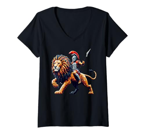 Damen Gladiator reitender Löwe Pixel Art Design Blocky Videospiel T-Shirt mit V-Ausschnitt Damen Gladiator reitender Löwe Pixel Art Design Blocky Videospiel T-Shirt mit V-Ausschnitt von Pixelated Gaming Character Riding Gamer Video Game