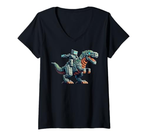 Damen Roboter reiten Dinosaurier Blocky Tier Pixel Kunst Spiel Männer Frauen T-Shirt mit V-Ausschnitt von Pixelated Gaming Gamer Character Riding Dinosaur
