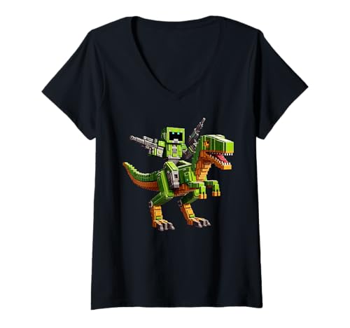 Damen Roboter reiten Dinosaurier Blocky Tier Pixel Kunst Spiel Männer Frauen T-Shirt mit V-Ausschnitt von Pixelated Gaming Gamer Character Riding Dinosaur