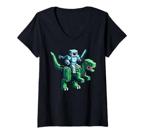 Damen Roboter reiten Dinosaurier Blocky Tier Pixel Kunst Spiel Männer Frauen T-Shirt mit V-Ausschnitt von Pixelated Gaming Gamer Character Riding Dinosaur