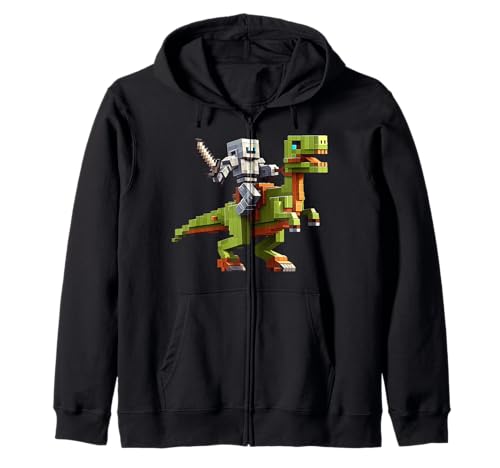 Roboter reiten Dinosaurier Blocky Tier Pixel Kunst Spiel Männer Frauen Kapuzenjacke von Pixelated Gaming Gamer Character Riding Dinosaur