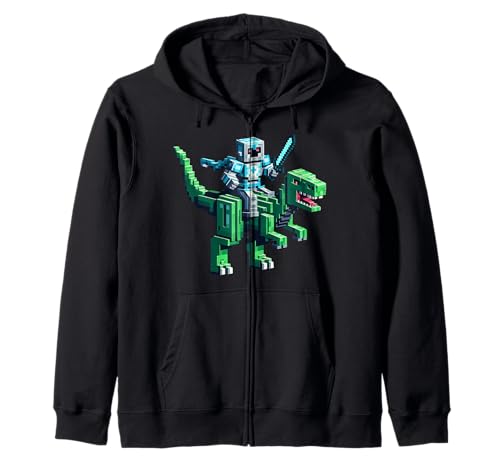 Roboter reiten Dinosaurier Blocky Tier Pixel Kunst Spiel Männer Frauen Kapuzenjacke von Pixelated Gaming Gamer Character Riding Dinosaur