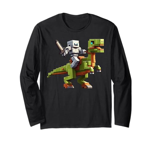Roboter reiten Dinosaurier Blocky Tier Pixel Kunst Spiel Männer Frauen Langarmshirt von Pixelated Gaming Gamer Character Riding Dinosaur