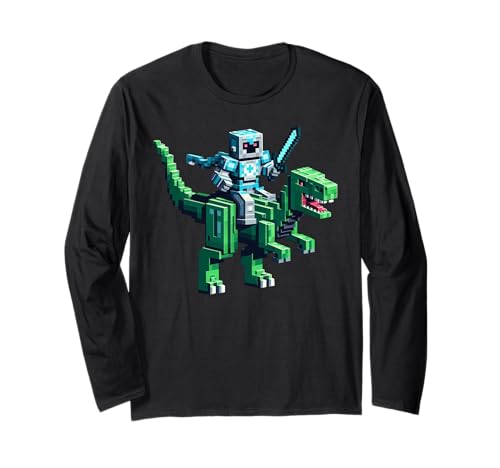 Roboter reiten Dinosaurier Blocky Tier Pixel Kunst Spiel Männer Frauen Langarmshirt von Pixelated Gaming Gamer Character Riding Dinosaur