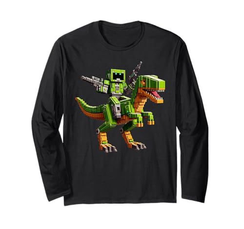 Roboter reiten Dinosaurier Blocky Tier Pixel Kunst Spiel Männer Frauen Langarmshirt von Pixelated Gaming Gamer Character Riding Dinosaur
