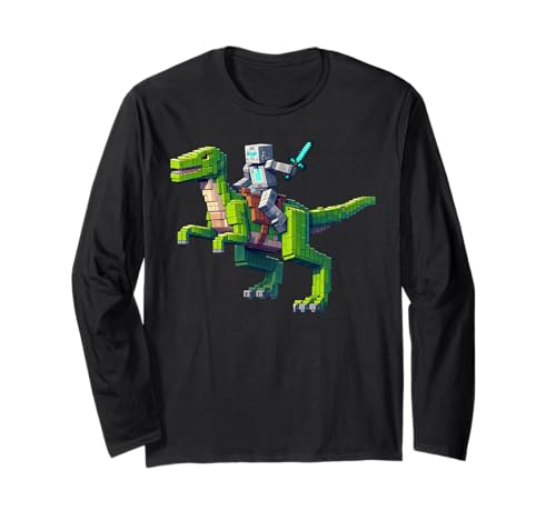 Roboter reiten Dinosaurier Blocky Tier Pixel Kunst Spiel Männer Frauen Langarmshirt von Pixelated Gaming Gamer Character Riding Dinosaur
