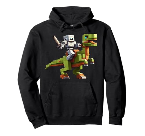 Roboter reiten Dinosaurier Blocky Tier Pixel Kunst Spiel Männer Frauen Pullover Hoodie von Pixelated Gaming Gamer Character Riding Dinosaur