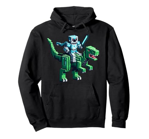 Roboter reiten Dinosaurier Blocky Tier Pixel Kunst Spiel Männer Frauen Pullover Hoodie von Pixelated Gaming Gamer Character Riding Dinosaur