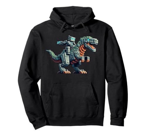Roboter reiten Dinosaurier Blocky Tier Pixel Kunst Spiel Männer Frauen Pullover Hoodie von Pixelated Gaming Gamer Character Riding Dinosaur
