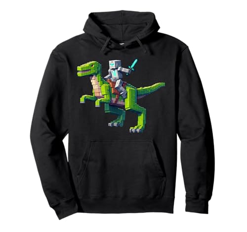 Roboter reiten Dinosaurier Blocky Tier Pixel Kunst Spiel Männer Frauen Pullover Hoodie von Pixelated Gaming Gamer Character Riding Dinosaur