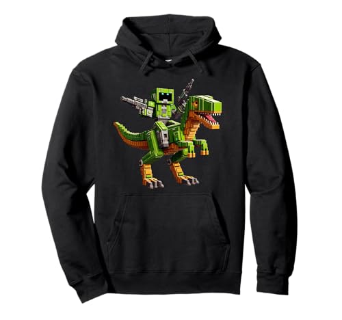 Roboter reiten Dinosaurier Blocky Tier Pixel Kunst Spiel Männer Frauen Pullover Hoodie von Pixelated Gaming Gamer Character Riding Dinosaur