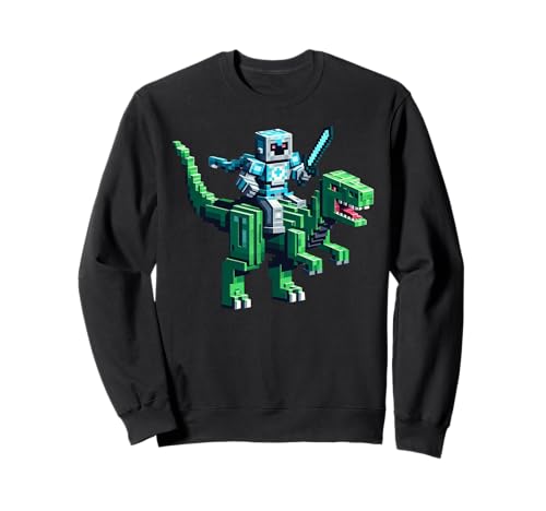 Roboter reiten Dinosaurier Blocky Tier Pixel Kunst Spiel Männer Frauen Sweatshirt von Pixelated Gaming Gamer Character Riding Dinosaur