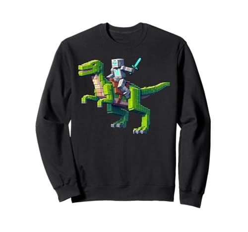 Roboter reiten Dinosaurier Blocky Tier Pixel Kunst Spiel Männer Frauen Sweatshirt von Pixelated Gaming Gamer Character Riding Dinosaur