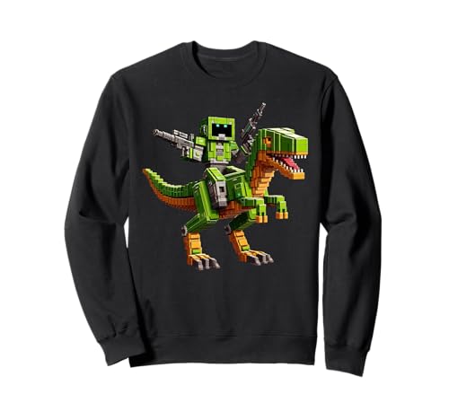 Roboter reiten Dinosaurier Blocky Tier Pixel Kunst Spiel Männer Frauen Sweatshirt von Pixelated Gaming Gamer Character Riding Dinosaur