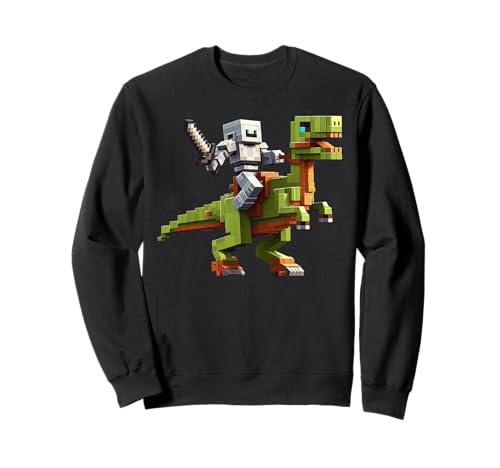 Roboter reiten Dinosaurier Blocky Tier Pixel Kunst Spiel Männer Frauen Sweatshirt von Pixelated Gaming Gamer Character Riding Dinosaur