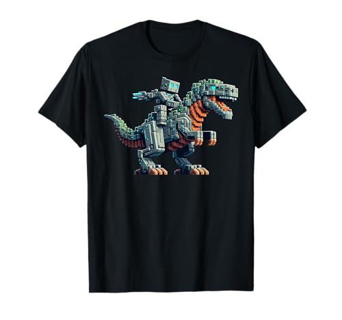 Roboter reiten Dinosaurier Blocky Tier Pixel Kunst Spiel Männer Frauen T-Shirt von Pixelated Gaming Gamer Character Riding Dinosaur