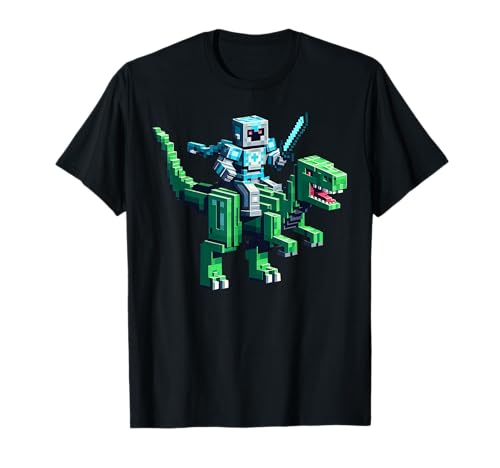 Roboter reiten Dinosaurier Blocky Tier Pixel Kunst Spiel Männer Frauen T-Shirt von Pixelated Gaming Gamer Character Riding Dinosaur