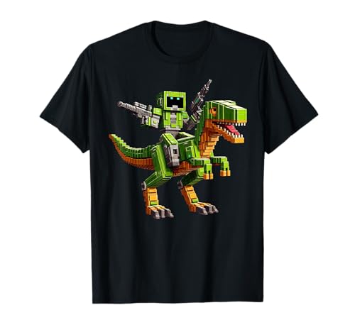 Roboter reiten Dinosaurier Blocky Tier Pixel Kunst Spiel Männer Frauen T-Shirt von Pixelated Gaming Gamer Character Riding Dinosaur