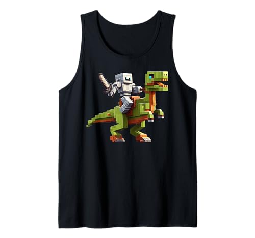 Roboter reiten Dinosaurier Blocky Tier Pixel Kunst Spiel Männer Frauen Tank Top von Pixelated Gaming Gamer Character Riding Dinosaur