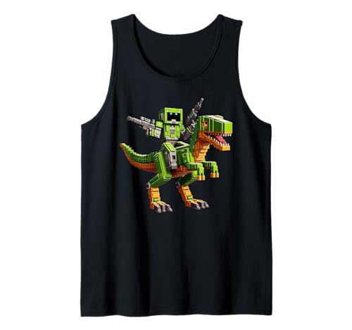 Roboter reiten Dinosaurier Blocky Tier Pixel Kunst Spiel Männer Frauen Tank Top von Pixelated Gaming Gamer Character Riding Dinosaur