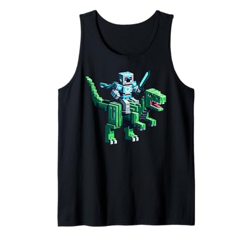 Roboter reiten Dinosaurier Blocky Tier Pixel Kunst Spiel Männer Frauen Tank Top von Pixelated Gaming Gamer Character Riding Dinosaur