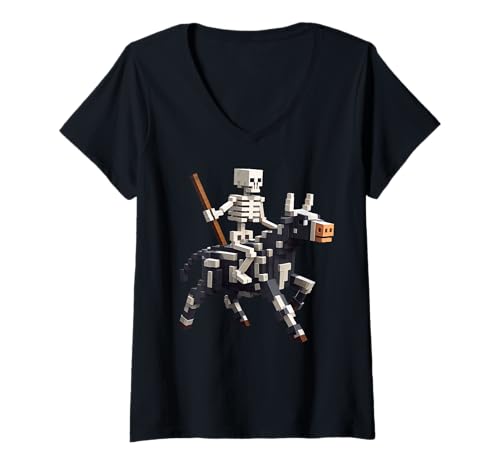 Damen Skelett Reitende Kuh Gamer Grafik im Pixel Art Block Stil T-Shirt mit V-Ausschnitt Damen Skelett Reitende Kuh Gamer Grafik im Pixel Art Block Stil T-Shirt mit V-Ausschnitt von Pixelated Gaming Skeleton Riding Cow Animal Art
