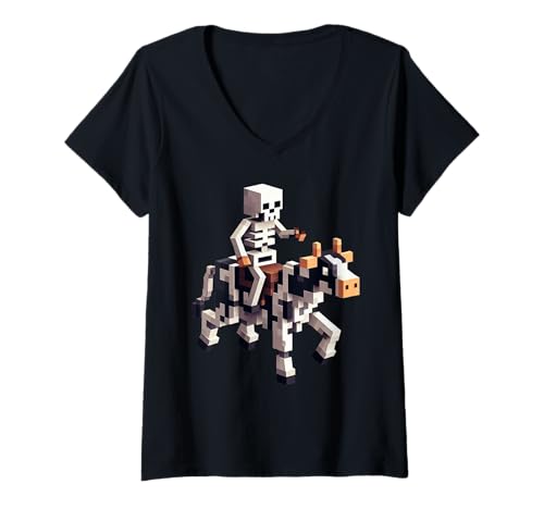 Damen Skelett Reitende Kuh Gamer Grafik im Pixel Art Block Stil T-Shirt mit V-Ausschnitt Damen Skelett Reitende Kuh Gamer Grafik im Pixel Art Block Stil T-Shirt mit V-Ausschnitt von Pixelated Gaming Skeleton Riding Cow Animal Art
