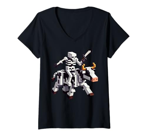 Damen Skelett Reitende Kuh Gamer Grafik im Pixel Art Block Stil T-Shirt mit V-Ausschnitt Damen Skelett Reitende Kuh Gamer Grafik im Pixel Art Block Stil T-Shirt mit V-Ausschnitt von Pixelated Gaming Skeleton Riding Cow Animal Art