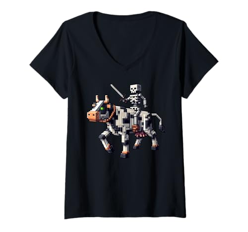 Damen Skelett Reitende Kuh Gamer Grafik im Pixel Art Block Stil T-Shirt mit V-Ausschnitt Damen Skelett Reitende Kuh Gamer Grafik im Pixel Art Block Stil T-Shirt mit V-Ausschnitt von Pixelated Gaming Skeleton Riding Cow Animal Art