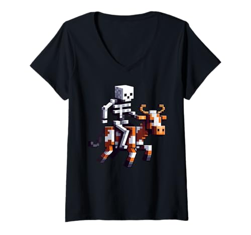 Damen Skelett Reitende Kuh Gamer Grafik im Pixel Art Block Stil T-Shirt mit V-Ausschnitt Damen Skelett Reitende Kuh Gamer Grafik im Pixel Art Block Stil T-Shirt mit V-Ausschnitt von Pixelated Gaming Skeleton Riding Cow Animal Art