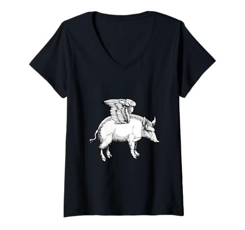 Damen Fliegendes Schwein der Renaissance T-Shirt mit V-Ausschnitt Damen Fliegendes Schwein der Renaissance T-Shirt mit V-Ausschnitt von Pixelchicken