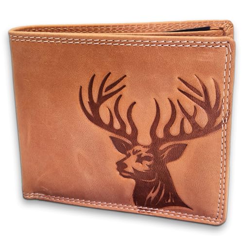Pixelstudio Leder Geldbörse Herren mit Hirsch. Männer Geldbeutel als Berg & Jagd Geschenk für Jäger. Geldtasche Herren Geldbörse Leder Portemonnaie von Pixelstudio